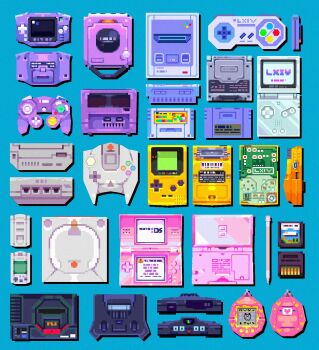 3d absurdres blockbench_(medium) blue_background circuit_board commentary dreamcast_controller english_commentary game_boy game_boy_advance game_boy_advance_sp game_boy_color game_console gamecube gamecube_controller handheld_game_console highres low_poly mametchi mario_(series) new_super_mario_bros. nintendo nintendo_64 nintendo_ds nintendo_ds_lite no_humans object_focus sega sega_dreamcast sega_mega_drive simple_background stylus super_famicom super_famicom_gamepad super_mario_world tamagotchi tamagotchi_(classic) tamagotchi_(virtual_pet) violet_(violxiv) virtual_pet_(toy) vmu
