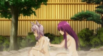 2girls ahoge animal_ears animated animated_gif blue_hair blush breasts closed_eyes completely_nude convenient_arm convenient_censoring genderswap genderswap_(mtf) hair_over_one_eye kaijin_kaihatsu-bu_no_kuroitsu-san large_breasts long_hair multiple_girls nude onsen purple_hair sideboob skylla_(kaijin_kaihatsubu_no_kuroitsu-san) soap soap_bubbles thighs towel water wet wolf_bate wolf_ears wolf_girl