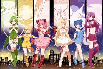 6+girls aizawa_mint animal_ears bare_shoulders bird_girl bird_tail bird_wings blonde_hair blue_boots blue_dress blue_eyes blue_gloves blue_hair blush boots bow breasts cat_ears cat_girl cat_tail choker closed_mouth collarbone detached_sleeves double_bun dress fingerless_gloves flat_chest fong_pudding frilled_choker frilled_sleeves frilled_thigh_strap frills fujiwara_zakuro full_body gloves green_boots green_dress green_eyes green_hair hair_bun heart_tail_duo highres leg_warmers long_hair looking_at_viewer magical_girl medium_breasts medium_hair mew_berry mew_ichigo mew_lettuce mew_mint mew_pudding mew_zakuro midorikawa_lettuce momomiya_ichigo monkey_girl monkey_tail multiple_girls navel one_eye_closed open_mouth orange_eyes paw_pose pink_dress pink_eyes pink_hair puffy_short_sleeves puffy_sleeves purple_eyes purple_hair purple_shorts rabbit_ears rabbit_girl red_gloves shirayuki_berry short_hair short_sleeves shorts sleeveless sleeveless_dress smile stomach strapless strapless_dress tail tail_bow tail_ornament thigh_boots thigh_strap tokyo_mew_mew tokyo_mew_mew_a_la_mode transformation very_long_hair white_boots white_dress white_gloves wings wolf_ears wolf_girl wolf_tail yellow_dress yellow_leg_warmers yoshino_(gunform)