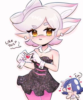 2000s_(style) absurdres alternate_color black_dress blush bow-shaped_hair breasts chellyko cleavage collar detached_collar dot_nose dress earrings embarrassed english_text gloves heart heart_hands highres hoop_earrings idol inkling jewelry looking_at_viewer marie_(splatoon) marie_(squid_sisters_outfit)_(splatoon) mole mole_under_eye nintendo nose_blush octoling pantyhose parted_bangs parted_lips pink_pantyhose pointy_ears shiver_(splatoon) short_dress short_hair small_breasts speech_bubble splatoon_(series) splatoon_1 squid strapless strapless_dress tentacle_hair white_collar white_gloves white_hair yellow_eyes