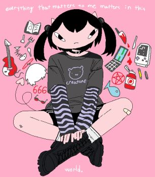 1girl absurdres ahoge alternate_hairstyle bandaid bandaid_on_knee bandaid_on_leg black_boots black_collar black_eyes black_hair black_shirt black_shorts blood book boots cellphone chewchewer closed_mouth collar colored_skin commentary demon_horns demon_tail detached_ahoge english_commentary english_text eraser fish fish_skeleton flip_phone fork game_boy glasses guitar hair_bobbles hair_ornament halo handheld_game_console highres horns instrument jaggy_lines kappa_(chewchewer) ketchup knife microsoft_paint_(medium) nail_polish nyan_(chewchewer) original pencil pentagram phone pink_background print_shirt red_halo red_skin shirt short_twintails shorts simple_background sitting socks solo spoon striped_arm_warmers tail twintails white_socks