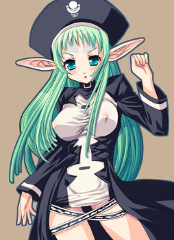 00s 1girl blue_eyes blush breasts covered_erect_nipples demonbane elsa facial_mark female_focus forehead_mark green_eyes green_hair hat large_breasts long_hair matching_hair/eyes pointy_ears simple_background solo tajima_yoshikazu turtleneck