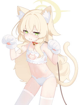 1girl absurdres animal_collar animal_ear_fluff animal_ears animal_hands bandaid_on_stomach bell blonde_hair blue_archive bra breasts cat_cutout cat_ears cat_lingerie cat_tail cat_thighhighs cleavage_cutout clothing_cutout collar crossed_bangs crying crying_with_eyes_open fang furrowed_brow gloves gluteal_fold green_eyes hair_between_eyes hair_over_shoulder halo hands_up highres jingle_bell jiuchong_ying_fengxue kemonomimi_mode leash loli long_hair looking_at_viewer navel neck_bell open_mouth panties paw_gloves professor_niyaniya_(blue_archive) red_collar simple_background small_breasts solo standing sweat tail tears thighhighs underwear very_long_hair white_background white_bra white_panties white_thighhighs yellow_halo zettai_ryouiki