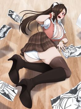 2girls blouse boots bra breasts brown_eyes brown_hair butt_crack_outline cleavage drawing_(object) embarrassed fire_emblem fire_emblem_fates from_behind gluteal_fold hair_ornament hair_over_one_eye hair_ribbon hairclip high_heel_boots high_heels incognigoat kagero_(fire_emblem) lace lace-trimmed_bra lace_trim large_breasts long_hair looking_at_viewer looking_back lying multiple_girls ninja nintendo nipples oiran on_floor on_stomach one_eye_covered orochi_(fire_emblem) panties plaid_clothes plaid_skirt pleated_skirt ponytail ribbon school_uniform shirt sideboob skindentation skirt sleeveless sleeveless_sweater sweater thighhighs unbuttoned unbuttoned_shirt underwear yuri