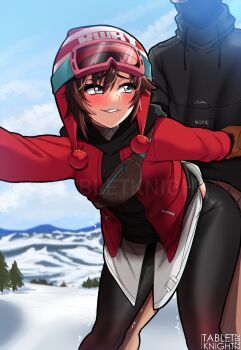 1boy 1girl arm_behind_back blush brown_hair clothes_lift goggles highres outdoors ruby_rose rwby short_hair ski_goggles skirt skirt_lift uncensored