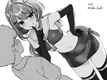 1boy 1girl dutch_angle eckert&amp;eich elbow_gloves finger_to_mouth gloves greyscale hair_ornament highres i-201_(kancolle) kantai_collection low_twintails midriff monochrome pencil_skirt sailor_collar sailor_shirt shirt skirt sleeveless sleeveless_shirt smile solo_focus thighhighs twintails x_hair_ornament
