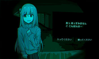 1girl alternate_color black_skirt bocchi_the_rock! cube_hair_ornament dark_background forced_smile gotoh_hitori hair_ornament hand_on_own_chest highres jacket long_hair long_sleeves meme no_i&#039;m_not_a_human one_side_up open_mouth skirt tenten_(chan4545) track_jacket translation_request