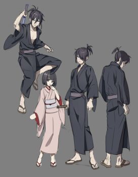 Rule 34 | 1boy, 1girl, absurdres, black hair, commentary, full body, grey background, grey kimono, hair over one eye, highres, holding, holding sword, holding weapon, japanese clothes, katana, kimono, mika 030, multiple views, nora (noragami), noragami, obi, right-over-left kimono, sandals, sash, sheath, simple background, sword, tabi, weapon, wide sleeves, yato (noragami), zouri
