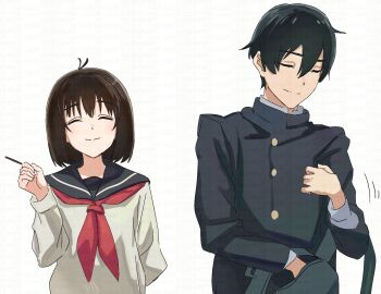 1boy 1girl 200-ko_no_chikara bag black_hair brown_hair collarbone commentary_request couple food highres kobato_jougorou osanai_yuki petite pocky sailor_collar school_bag school_uniform serafuku short_hair shoushimin_series size_difference smile