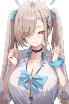 1girl absurdres asuna_(blue_archive) asuna_(school_uniform)_(blue_archive) black_choker blonde_hair blue_archive blue_bow blue_bowtie blue_eyes blue_halo blue_ribbon bow bowtie bra bra_peek breasts button_gap choker cleavage closed_mouth collarbone commentary dated_commentary eyes_visible_through_hair hair_over_one_eye hair_ribbon halo hands_up highres jun_daniell large_breasts long_hair ribbon scrunchie shirt smile solo twintails underwear upper_body very_long_hair white_shirt wrist_scrunchie