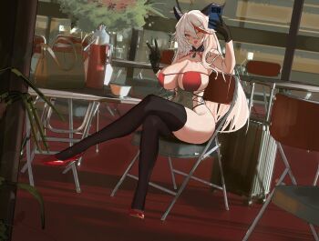1girl aegir_(azur_lane) aegir_(golden_dragon_among_auspicious_clouds)_(azur_lane) azur_lane backward-facing_horns bag bare_shoulders black_gloves black_horns black_thighhighs breasts cellphone chair cleavage commentary criss-cross_halter crossed_legs framed_breasts full_body gloves hair_between_eyes halterneck highres holding holding_phone horns indoors large_breasts lizszou long_hair looking_at_viewer multicolored_hair official_alternate_costume on_chair phone red_shoes red_streaks selfie shoes sideless_outfit single_hair_streak sitting smartphone solo streaked_hair taking_picture thighhighs v very_long_hair white_hair yellow_eyes