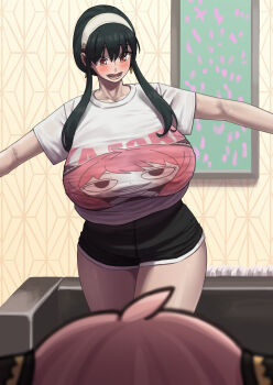 2girls akai_melon alternate_breast_size anya&#039;s_heh_face_(meme) anya_(spy_x_family) black_hair blush breasts child hairband hairpods highres huge_breasts long_hair meme mother_and_daughter multiple_girls open_mouth pink_hair shirt short_hair smile spy_x_family yor_briar