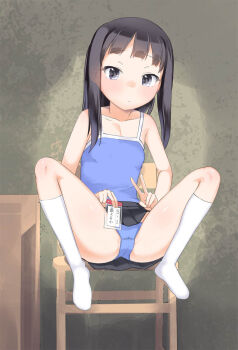 1girl black_hair black_skirt blue_camisole blue_panties breasts camisole chair closed_mouth grey_eyes holding kneehighs knees_up loli long_hair looking_at_viewer no_shoes on_chair original panties pleated_skirt skirt small_breasts socks solo translation_request underwear v white_socks yone_kinji