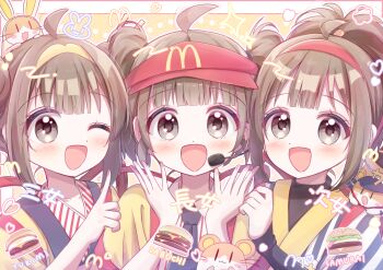 3girls ;d absurdres ahoge animal animal_on_head black_eyes black_sleeves blue_necktie brown_hair burger character_name detached_sleeves double_bun dress_shirt food hair_bun hairband hamster haruiroha hat headset highres imadake_dabuchi_tabemi imadake_dabuchi_tabesuke imadake_tsukimi_tabemi index_finger_raised japanese_clothes logo looking_at_viewer mcdonald&#039;s multiple_girls necktie on_head one_eye_closed open_mouth ponytail red_hairband romaji_text samurai_tamago_tabemi shirt short_hair short_ponytail short_sleeves side-by-side smile striped_clothes striped_shirt tasuki translated twintails vertical-striped_clothes vertical-striped_shirt visor_cap white_shirt wing_collar yellow_hairband yellow_happi yellow_hat
