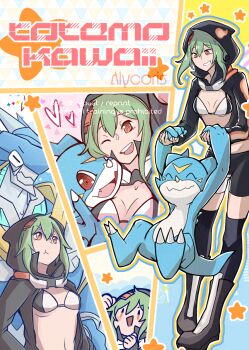 1girl :d :t ;d alycoris artist_name bike_shorts bikini bikini_top_only black_bikini black_boots black_jacket black_shorts black_socks blue_skin boots breasts chibi claws cleavage closed_eyes closed_mouth colored_skin commentary_request digimon digimon_(creature) digimon_world_re:digitize dragon full_body goggles goggles_around_neck green_hair grin hair_between_eyes hair_ornament heart holding_digimon hood hood_up hooded_jacket horns jacket knee_boots long_sleeves looking_at_another looking_at_viewer medium_breasts multicolored_bikini navel one_eye_closed open_mouth orange_eyes outline over-kneehighs partially_unzipped pout red_eyes romaji_text shinomiya_rina short_hair short_hair_with_long_locks shorts sidelocks smile socks standing star_(symbol) stomach swimsuit teeth thighhighs two-tone_bikini ulforcev-dramon upper_body upper_teeth_only v-mon watermark white_bikini x_hair_ornament