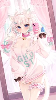 1girl absurdres ahoge animal_collar animal_ear_fluff animal_ears artist_name bell black_bow blue_bow blue_eyes blue_hair blush bow breasts cat_ears cat_girl cat_tail cleavage closed_mouth clothes_writing collar collarbone green_hair green_nails hair_bow hair_ornament hairclip hairpin hashtag-only_commentary highres holding holding_phone indie_virtual_youtuber long_hair mint_fantome multicolored_hair neck_bell phone pink_bow pink_collar rennieuww sleeves_past_wrists solo streaked_hair tail virtual_youtuber white_hair