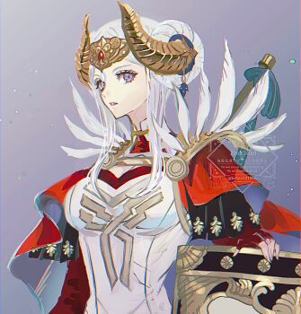 1girl blue_background breasts cape chromatic_aberration commentary dress edelgard_von_hresvelg edelgard_von_hresvelg_(adrestian_emperor)_(resplendent) edelgard_von_hresvelg_(timeskip) fake_horns feather_trim fingerless_gloves fire_emblem fire_emblem:_three_houses fire_emblem_heroes gloves headpiece helen_(helen2210hk) highres horned_headwear horned_tiara horns long_hair medium_breasts nintendo official_alternate_costume purple_eyes red_cape shield solo tiara upper_body white_dress white_hair