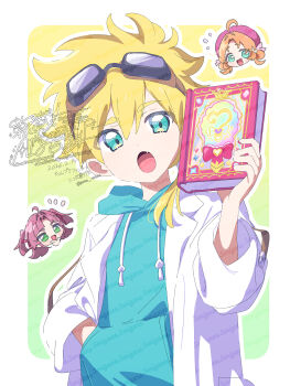 Rule 34 | 1boy, 2girls, :d, :o, akechi anna, blonde hair, book, border, chibi, double-parted bangs, fang, goggles, goggles on head, gradient background, green background, green eyes, green hoodie, hair between eyes, hat, highres, holding, holding book, hood, hood down, hoodie, jacket, jett (human) (precure), kobayashi mikuru, long hair, long sleeves, looking at viewer, meitantei precure!, multiple girls, open clothes, open jacket, open mouth, orange hair, outline, outside border, pink hat, precure, purple hair, serizawa serizane, smile, thick eyebrows, two-tone background, upper body, white border, white jacket, white outline, yellow background