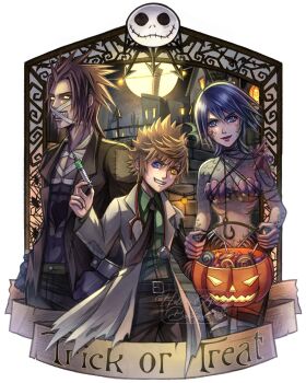 1girl 2boys aqua_(kingdom_hearts) artist_name bandaged_chest bandaged_head bandages bikini black_coat black_necktie blonde_hair blue_eyes blue_hair border brown_hair coat collarbone cosplay cowboy_shot frankenstein&#039;s_monster frankenstein&#039;s_monster_(cosplay) full_moon furrowed_brow glowing glowing_eyes green_shirt grin hair_between_eyes hair_slicked_back halloween_bucket heterochromia highres holding holding_syringe hollypolllyy jack_skellington kingdom_hearts kingdom_hearts_birth_by_sleep lab_coat medium_hair midriff moon multiple_boys necktie nomura_tetsuya_(style) parted_bangs scales shell shell_bikini shirt short_hair smile spiked_hair stethoscope_around_neck swimsuit syringe teeth terra_(kingdom_hearts) torn_clothes torn_sleeves trick_or_treat ventus_(kingdom_hearts) victor_frankenstein victor_frankenstein_(cosplay) white_border white_coat yellow_eyes