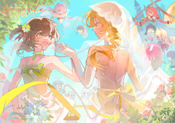 &gt;_&lt; 6+girls absurdres angel_wings artist_name back_bow backless_dress backless_outfit balloon bare_arms beads blonde_hair blue_sky bow bowtie bridal_veil bride brown_hair chibi choker closed_mouth cloud clover_hair_ornament commission cupid day dress drill_hair elbow_gloves eye_contact eyelashes floating_hair flower four-leaf_clover_hair_ornament from_behind gloves green_bow green_bowtie green_choker green_eyes hair_flower hair_ornament hair_ribbon hao_xihuan_chi_da_jitui highres holding_hands instrument lace-trimmed_veil lace_trim lily_(flower) long_hair looking_at_another mahou_shoujo_madoka_magica mahou_shoujo_madoka_magica_(anime) multiple_girls music oc_x_canon original outdoors pendant_choker pink_flower pink_rose playing_instrument pointy_nose red_ribbon ribbon rose sample_watermark see-through_clothes see-through_veil short_dress shoulder_blades skirt_hold sky smile strapless strapless_dress striped_ribbon tomoe_mami twin_drills two_side_up veil watermark wedding white_choker white_dress white_flower white_gloves white_veil wife_and_wife wings yellow_bow yellow_eyes yuri
