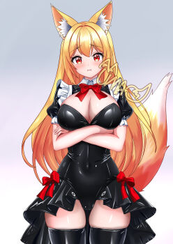 1girl :i absurdres animal_ear_fluff animal_ears arms_under_breasts black_leotard black_shrug black_thighhighs blonde_hair blush bow bowtie breasts cameltoe cleavage closed_mouth collar colored_inner_hair commentary_request covered_navel cowboy_shot crossed_arms fox_ears fox_girl fox_tail grey_background hair_between_eyes highres large_breasts leotard long_hair looking_at_viewer multicolored_hair orange_hair original pout puffy_short_sleeves puffy_sleeves red_bow red_bowtie red_eyes shiny_clothes short_sleeves shrug_(clothing) signature simple_background solo strapless strapless_leotard tail thighhighs uma_(uma_mohumohu) very_long_hair white_collar