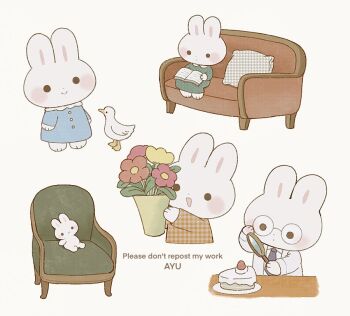 :d animal animal_focus ayu_(mog) bird blue_necktie cake cake_slice chair closed_mouth commentary commentary_request couch dot_mouth dress duck english_commentary flower food glasses green_dress holding_vase lab_coat magnifying_glass mixed-language_commentary multiple_views necktie no_humans open_mouth original pillow plate rabbit red_flower romaji_commentary round_eyewear simple_background smile solid_circle_eyes stuffed_animal stuffed_rabbit stuffed_toy white_background yellow_flower