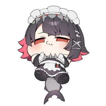 1girl :3 apron black_dress black_hair chibi colored_inner_hair commentary dress ellen_joe empty_eyes fins fish_tail hairband highres looking_at_viewer lying maid maid_headdress metal_hairband mole mole_under_eye multicolored_hair on_back red_eyes shark_girl shark_tail shinonome_nashi short_hair simple_background solo spiked_headband tail waist_apron white_apron white_background zenless_zone_zero