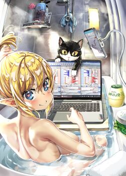 1girl absurdres animal back bathroom bathtub bathub blonde_hair blue_eyes bottle breasts cat cellphone computer day elf heart heart-shaped_pupils highres huge_breasts lamp laptop large_breasts looking_back miyu_(miyu_heuung) nude original phone pointy_ears ponytail shampoo_bottle smile solo stock_trading_elf_(miyu) symbol-shaped_pupils towel water