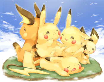 blue_sky blush_stickers brown_eyes closed_eyes cloud cloudy_sky collet_(pixiv17839028) commentary_request creature day drooling evolution evolutionary_line gen_1_pokemon gen_2_pokemon grass highres looking_at_viewer lying nintendo no_humans on_stomach outdoors pichu pikachu pokemon pokemon_(creature) raichu sky sleeping