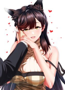 1girl 1other alternate_costume animal_ear_fluff animal_ears apron atago_(azur_lane) azur_lane black_hair black_suit blush breasts brown_sweater checkered_apron checkered_clothes commentary_request dog_ears extra_ears fingernails formal_clothes green_eyes hair_ornament hand_grab hand_on_another&#039;s_cheek hand_on_another&#039;s_face hand_on_own_cheek hand_on_own_face heart highres jewelry kagiyama_(clave) large_breasts long_hair long_sleeves looking_at_viewer mole mole_under_eye open_mouth pov pov_hands ribbed_sweater ribbon ring simple_background sleeveless sleeveless_sweater sleeveless_turtleneck smile suit sweater swept_bangs turtleneck turtleneck_sweater very_long_hair wedding_ring white_background white_ribbon yellow_eyes