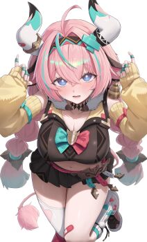 1girl 4mmmmu absurdres animal_ears antenna_hair aqua_streaks asymmetrical_legwear bandaid bandaid_on_cheek bandaid_on_face bandaid_on_horn bandaid_on_leg bell bell_earrings blue_eyes blush braid breasts bright_pupils brown_skirt cleavage collarbone commentary_request cow_ears cow_girl cow_horns cow_tail crop_top crossed_bangs detached_sleeves earrings genshin_impact hair_between_eyes hair_intakes hairband hands_up highres horns jewelry large_breasts leg_warmers long_hair looking_at_viewer low_twin_braids lower_teeth_only microskirt midriff multicolored_hair navel open_mouth pink_hair pleated_skirt shoes sidelocks single_thighhigh skirt sneakers solo standing standing_on_one_leg streaked_hair tail teeth thighhighs twin_braids varesa_(genshin_impact) very_long_hair white_background white_leg_warmers white_pupils white_shoes white_thighhighs yellow_sleeves