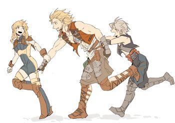1girl 2boys armor bare_shoulders basch_fon_ronsenburg beard belt blonde_hair blue_bodysuit bodysuit boots braid breasts brown_boots brown_wrist_cuffs closed_eyes commentary_request facial_hair final_fantasy final_fantasy_xii fingerless_gloves full_body garbage_paper gloves grey_vest highres holding_another's_wrist korean_commentary leather_armor looking_at_another medium_breasts midriff multiple_boys open_mouth parted_bangs penelo pushing red_belt red_vest running shin_guards short_hair shoulder_armor sidelocks smile twin_braids vaan_(ff12) vest white_background wrist_cuffs
