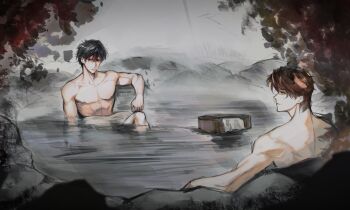 2boys abs absurdres black_hair brown_hair elbow_rest highres kai_(shadow_slave) knee_up leaning_back logicsterrr male_focus multiple_boys muscular muscular_male no_shirt onsen outdoors partially_submerged ripples shadow_slave short_hair sitting sunny_(shadow_slave) tree upper_body