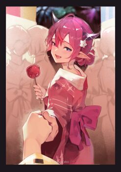 1girl :d absurdres alternate_costume alternate_hairstyle blue_eyes candy_apple commentary english_commentary fang food hair_bun heterochromia highres holding holding_candy_apple holding_food hololive hololive_english horns irys_(hololive) japanese_clothes kimono looking_at_viewer looking_back namiorii night open_mouth outdoors pink_eyes pointy_ears pov pov_hands print_kimono purple_hair purple_kimono red_streaks short_hair single_hair_bun skin_fang smile solo_focus star_(symbol) star_print virtual_youtuber yukata