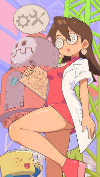 1girl absurdres breasts brooch brown_hair coke-bottle_glasses dress earrings glasses highres jewelry lab_coat leg_up long_hair mega_man_(series) mega_man_legends_(series) open_mouth pink_dress servbot_(mega_man) short_dress skull_brooch skull_earrings small_breasts tron_bonne_(mega_man) yodok