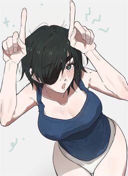 1girl blue_shirt blush breasts chainsaw_man cleavage commentary_request dalsan110 eyepatch green_eyes green_hair himeno_(chainsaw_man) large_breasts looking_at_viewer panties shirt short_hair solo underwear white_panties