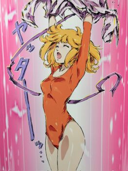 1girl arms_up blonde_hair breasts closed_eyes commentary cowboy_shot henshin highres kaminari_ai leotard medium_breasts medium_hair open_mouth orange_leotard pink_background purple_ribbon ribbon sleeved_leotard smash_k-tarou solo sound_effects standing thighs yatterman