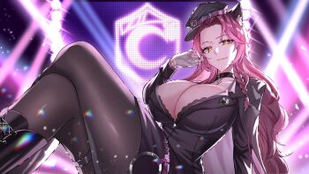 1girl absurdres animal_ears black_boots black_choker black_hat black_jacket black_pantyhose black_skirt boots braid breasts choker commentary commission english_commentary gloves grey_gloves hand_up hat highres huge_breasts indie_virtual_youtuber jacket long_hair long_sleeves looking_at_viewer miniskirt nano_popo02 pantyhose parted_lips peaked_cap pink_hair praisethemoonn_(vtuber) purple_background skirt smile solo stage_lights vgen_commission virtual_youtuber yellow_eyes