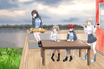 4girls aki_(girls_und_panzer) ankle_boots bad_id bad_pixiv_id black_ribbon blue_footwear blue_jacket blue_pants blue_skirt blunt_bangs boots brown_eyes brown_hair chair closed_eyes closed_mouth commentary_request crossed_ankles cup day dress_shirt drinking eating eno_(mauritz_stiller) food forest girls_und_panzer grass grey_legwear grey_sky hair_ribbon hair_tie head_tilt highres holding holding_cup holding_instrument holding_plate instrument jacket kantele keizoku_military_uniform lake light_brown_hair long_hair long_sleeves looking_at_viewer low_twintails mika_(girls_und_panzer) mikko_(girls_und_panzer) military military_uniform miniskirt multiple_girls nature no_headwear one_side_up open_mouth outdoors overcast pants pants_rolled_up pants_under_skirt partial_commentary plate pleated_skirt porch raglan_sleeves railing red_eyes red_hair ribbon saucer shimada_arisu shirt short_hair short_twintails sitting skirt sky slippers smile socks standing table teacup track_jacket track_pants twintails white_shirt wing_collar