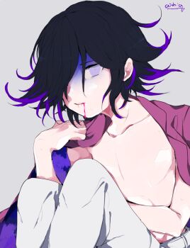 1boy abrtskrg_harukk black_hair blood blood_from_mouth collarbone commentary_request danganronpa_(series) danganronpa_v3:_killing_harmony flipped_hair grey_background hair_between_eyes highres injury jacket jacket_on_shoulders knees_up looking_at_viewer male_focus no_nipples no_scarf oma_kokichi pants purple_eyes purple_hair short_hair sick signature sitting solo white_pants