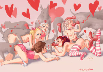 5girls ahegao all_fours animal_penis barefoot bestiality bikini blonde_hair blush brown_hair cleft_of_venus clothed_sex cum cum_in_pussy cumdrip dog doggystyle feet fellatio flat_chest group_sex hetero highres humping knotted_penis large_penis loli motion_blur multiple_girls nipples no_shoes oral penis pumpkinspicelatte pussy rolling_eyes sex sex_from_behind sketch striped_legwear swimsuit thighhighs tongue tongue_out twintails vaginal