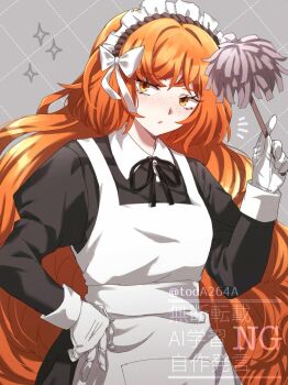 1girl apron black_bow black_bowtie black_dress bow bowtie dress duster feather_duster freckles gloves grey_background hair_bow highres ishmael_(project_moon) juliet_sleeves limbus_company long_hair long_sleeves looking_at_viewer maid_apron maid_headdress orange_hair project_moon puffy_sleeves rug_(yurari606) simple_background solo standing upper_body very_long_hair white_apron white_bow white_gloves wuthering_heights_(identity)_(project_moon)