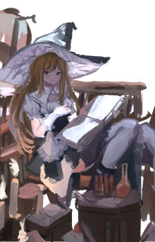1girl absurdres apron black_dress blonde_hair blush book braid candle closed_mouth commentary_request dress hat highres holding holding_book kirisame_marisa long_hair looking_at_viewer open_book pantyhose shirt short_sleeves sitting smile solo touhou vanilla_flan white_pantyhose white_shirt witch_hat