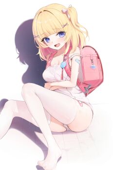1girl absurdres backpack bag bandaid bandaid_on_arm bandaid_on_leg bare_shoulders blonde_hair blush breasts cleavage collarbone colored_inner_hair drop_shadow foot_out_of_frame hair_ornament hairclip highres large_breasts long_hair looking_at_viewer multicolored_hair no_shoes on_floor one-piece_swimsuit open_mouth original pink_bag purple_eyes red_hair shadow sitting solo swimsuit takealook thighhighs thighs two-tone_hair wet wet_clothes wet_one-piece_swimsuit wet_thighhighs white_one-piece_swimsuit white_thighhighs