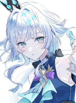 Rule 34 | 1girl, ameshi0227, ascot, bare shoulders, blue ascot, blue eyes, cerydra (honkai: star rail), chess piece, commentary, crown, highres, holding, holding chess piece, honkai: star rail, honkai (series), looking at viewer, mini crown, parted lips, pawn (chess), simple background, sleeveless, solo, upper body, white background, white hair