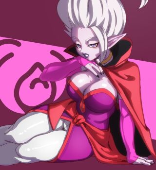 1girl breasts cape cleavage colored_skin demon_girl dr._arinsu dragon_ball dragon_ball_daima elbow_gloves gloves highres kaioushin large_breasts looking_at_viewer mlix open_mouth pants pointy_ears purple_eyes purple_skin red_cape shiny_clothes tight_clothes tight_pants white_hair