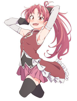 1girl absurdres armpits blush bow eitopondo fang gloves hair_bow highres long_hair mahou_shoujo_madoka_magica mahou_shoujo_madoka_magica_(anime) pink_skirt ponytail red_eyes red_hair sakura_kyoko sakura_kyoko_(magical_girl) skindentation skirt sleeveless smile thighhighs white_gloves