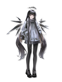 1girl absurdres alternate_costume arknights black_halo black_pantyhose black_shoes black_skirt bright_pupils brown_eyes closed_mouth commentary detached_wings drop_shadow full_body grey_jacket grey_scarf halo hands_in_pockets highres jacket long_hair long_sidelocks long_sleeves looking_at_viewer mole mole_under_eye orini pantyhose pleated_skirt scarf shoes sidelocks simple_background skirt smile solo standing very_long_hair very_long_sidelocks virtuosa_(arknights) white_background white_pupils wings