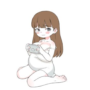 1girl anatomy_of_a_gamer_(meme) bare_legs barefoot blue_dress blunt_bangs breasts brown_hair child_gf_(orenji) cleavage dress feet full_body handheld_game_console holding holding_handheld_game_console huge_breasts loli long_hair looking_to_the_side nintendo_switch open_mouth oppai_loli panties pregnant pregnant_loli sitting solo spread_toes toes underwear white_dress