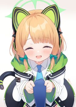 1girl :d ^_^ absurdres animal_ear_headphones animal_ears artist_name black_jacket black_shorts black_tail blonde_hair blue_archive blue_necktie blunt_bangs blush bow buttons cat_ear_headphones cat_ears cat_tail chinese_commentary closed_eyes clothes_grab collared_shirt commentary_request cowboy_shot dated facing_viewer fake_animal_ears fake_tail gradient_background green_bow green_halo green_jacket hair_bow halo headphones highres jacket long_sleeves low-tied_sidelocks midori_(blue_archive) multicolored_jacket necktie necktie_grab neckwear_grab open_clothes open_jacket open_mouth parted_bangs pov shirt shorts sidelocks signature smile solo_focus tail tears textless_version two-sided_fabric two-sided_jacket unbuttoned untucked_shirt white_background white_jacket white_shirt wide_sleeves zcx